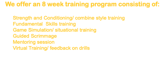 We offer an 8 week training program consisting of: Strength and Conditioning/ combine style training Fundamental Skills training Game Simulation/ situational training Guided Scrimmage Mentoring session Virtual Training/ feedback on drills 